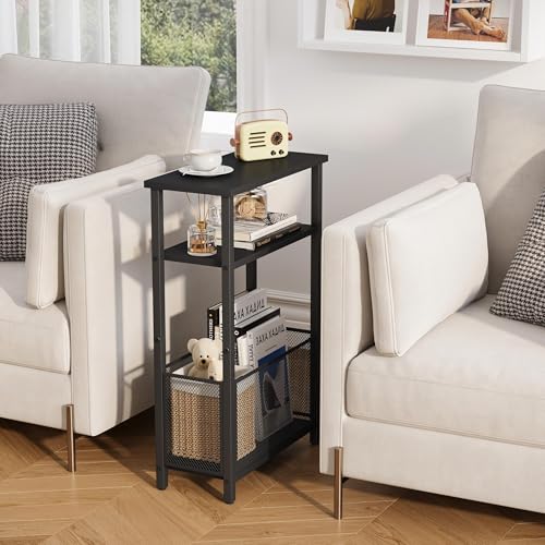 MMEOLUOOK Narrow Side Table with Storage Basket Skinny End Tables for Smalls Spaces 3 Tier Sofa Table Small Nightstand Slim Bedside Table for Living Room Bedroom Black MLBZ22B - color: Black