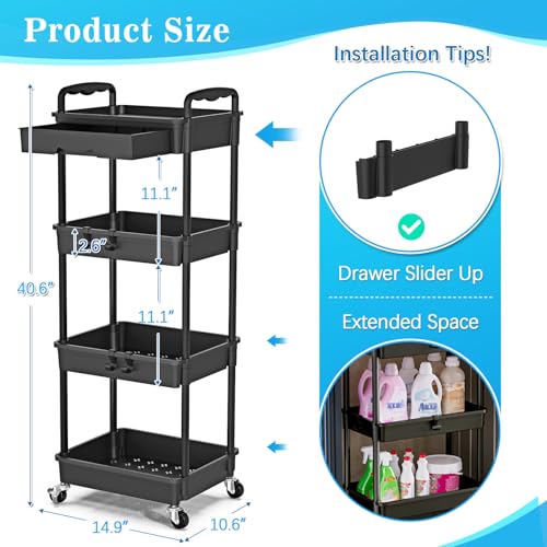 SUNALLY 4 Tier Rolling Cart with Drawer, Craft Storage Cart Organizer,Black | Bathroom Storage Organizer with 2 Lockable Wheels, Rolling Utility Cart for Kitchen, Office, Baby, Makeup, Nail,Snack,Laundry - color: Black, size: 4 Tier