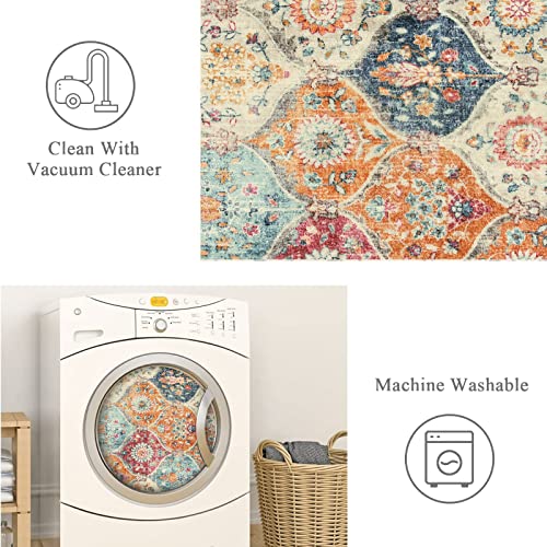 Lahome Moroccan Trellis Washable Small Area Rug, 3x5 Area Rug for Bedroom Living Room, Non-Slip Oriental Accent Throw Carpet for Kitchen Office Entryway Bathroom Office Elise, Cream/Multi - color: Burnt Orange/Teal Multi, size: 3' X 5' (Rectangular)