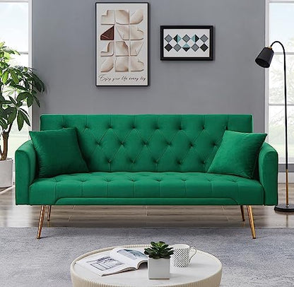 72"Modern Velvet Sofa Bed Futon,Convertible Folding Sleeper Bed Couches with 3 Adjustable Backrests,Tufted Recliner Love Seat with Golden Chrome Legs for Living Room Apartment Office (Green+pillows) - color: Green+pillows