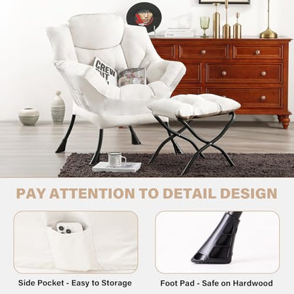 Lazy Chair with Ottoman, Comfy Reading Accent Chair, Beige | Foldable Footrest, Padded Seat and Backrest, Side Pocket for Lounging in Living Rooms, Bedrooms, Dorms and Small Spaces - color: Peach Skin Beige