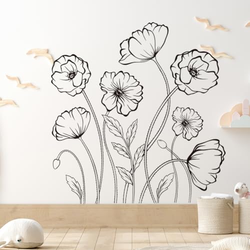 Black Flowers Wall Decals Simple Sketch Floral Wildflower Wall Stickers Large Boho Flowers Wallpaper Peel and Stick Wall Art Decal for Bedroom Living Room