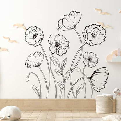 Black Flowers Wall Decals Simple Sketch Floral Wildflower Wall Stickers Large Boho Flowers Wallpaper Peel and Stick Wall Art Decal for Bedroom Living Room