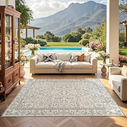 jinchan 5x7 Washable Living Room Area Rug, Vintage Floral, Blue/Cream | Soft Non-Slip Low-Pile, Botanical Aesthetic Throw Carpet for Bedroom Dining Room Nursery - color: Blue/Cream, size: 5' x 7' (Rectangular)
