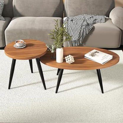 2-Piece Oval & Round Nesting Coffee Table Set | Separable to Serve as Individual Side Tables, Equipped with 7 Glossy Smooth Painted Metal Legs