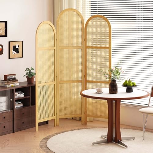 3-Panel Hand-Woven Rattan Room Divider, Tall Foldable Privacy Screen with Wooden Frame - Freestanding Portable Partition for Home Office, Bedroom, Bathroom(Natural-Wave) - color: Natural-wave