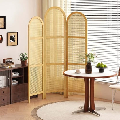 3-Panel Hand-Woven Rattan Room Divider, Tall Foldable Privacy Screen with Wooden Frame - Freestanding Portable Partition for Home Office, Bedroom, Bathroom(Natural-Wave) - color: Natural-wave