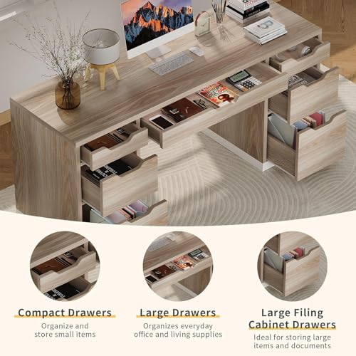 Computer Desk with Drawers, Small Office Desk with Storage, Light Walnut | 54 Inch Writing Desk with 7 Storage Drawers, Study Desk for Bedroom, Small Spaces - color: Light Walnut