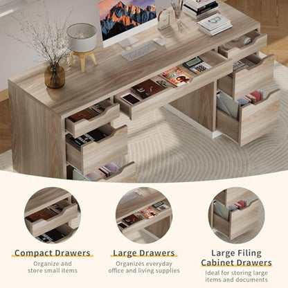 Computer Desk with Drawers, Small Office Desk with Storage, Light Walnut | 54 Inch Writing Desk with 7 Storage Drawers, Study Desk for Bedroom, Small Spaces - color: Light Walnut