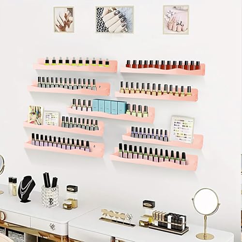Nail Polish Wall Rack, 6-Shelf 15-Inch Light Pink Acrylic Nail Polish Shelves with Removable Ends – Multi-Purpose Shelf for Essential Oils, Cosmetics Storage and Display for Salons and Bathrooms - color: Light Pink