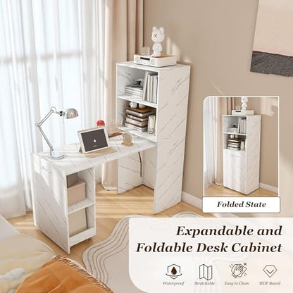 HRVEOCEI Bamboo Fold Out Desk with Storage, Mid Century Hideaway Desk for Small Spaces, Folding Computer Desk for Home Office Bedroom Apartment, Space Saving (White Marble) - color: White Marble