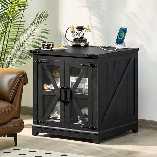 Joaxswe Farmhouse End Table for Living Room, Charger Station | USB Ports, Glass Barn Door, Solid Wood Legs, 24" Large Sofa Side Table, Adjustable Shelf, Black Square Table for Bedroom - color: Black, size: Set 1