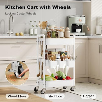 3 Tier Rolling Cart with Wood Table Top, White Bedside Cart on Lockable Wheels, Metal Utility Storage Organizer Carts for Kitchen, Art, Craft, Nail, Salon, Lash, Nursery, Bathroom, Baby Diaper Caddy - color: White