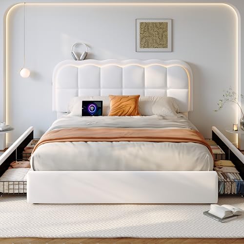 CypBed Full Size Bed Frame with 4 Storage Drawers & Modern Headboard, White | Velvet Upholstered Platform Bed Frame with LED Lights & Charing Station , Wood Slats Support, No Box Spring Needed - color: White, size: Full