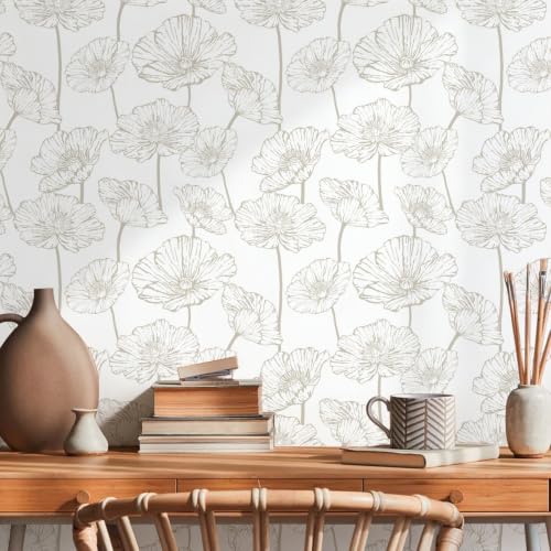 Modern Peel and Stick Wallpaper Beige and White Floral Wallpaper | 17.3inx118.1in Self Adhesive Contact Paper Decorative Wallpapers for Bedroom Bathroom Cabinets Decor Vinyl Removable - color: Beige and White, size: 17.3" x 118.1"