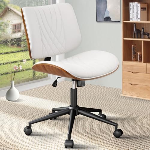 CLATINA Armless Home Office Chair, Desk Chair with Wheels, Adjustable Height Reading Chair, Leather Mid Back & Swivel Computer Chair, Modern Walnut Chairs with Back for Studio Meeting Room(White) - color: White Diamond-a, size: 1 Pack