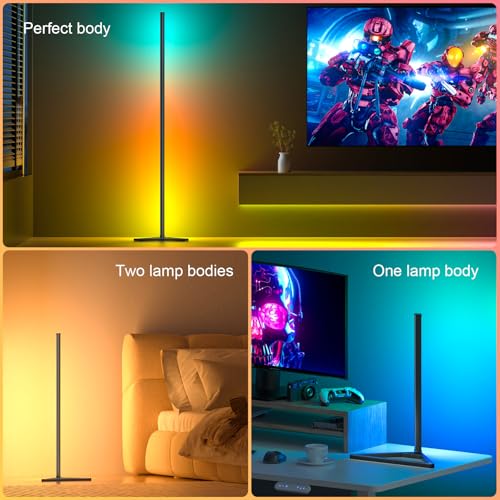 MIHEAL 2PCS Black Corner Floor Lamp, Synced Lights LED Control Floor Lamp RGB Light 56" Smart LED Corner Lamp App and Remote for Living Room Gaming Bedroom and Etc - color: Black, size: 2pcs