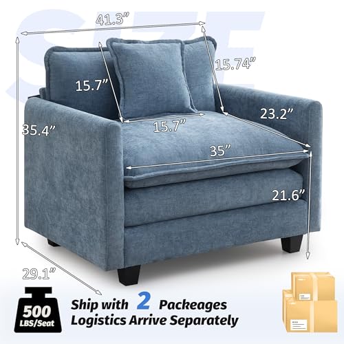 WUTUTUEE 41'' Modern Chenille Oversized Chair, Upholstered Accent Living Room Chair with Extra Thicked Deep Seat, Single Lounge Chair for Bedroom, Small Apartment, Blue - color: Blue, size: 41'' Single Seat