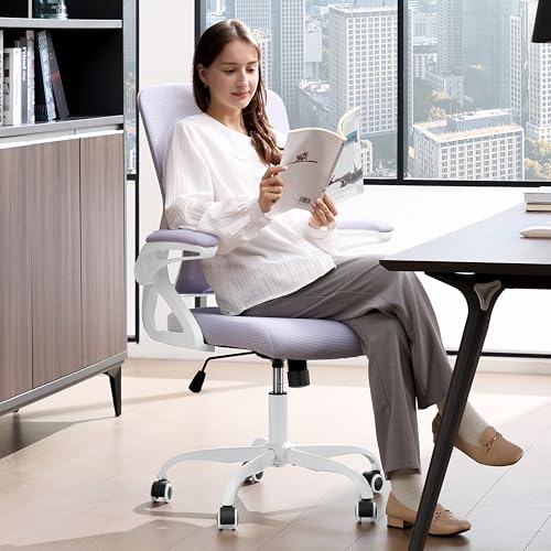 Ergonomic Office Chair,Mesh Office Chair with Lumbar Support,Mid Back Desk Chair with Flip-up Arms,400 lbs Comfy Computer Chair for Home Office (Pale Purple White) - color: Pale Purple White