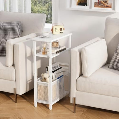 MMEOLUOOK Narrow Side Table with Storage Basket Skinny End Tables for Smalls Spaces 3 Tier Sofa Table Small Nightstand Slim Bedside Table for Living Room Bedroom White MLBZ22W - color: White