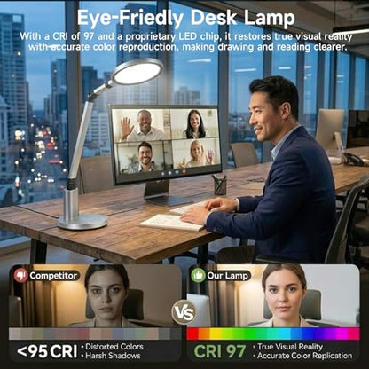 Desk Lamp for Home Office, Eye-Caring Diffused Table Lamp, 3 Colors & Dimmable Computer Lamp with Timer Function, Metal Swing Arm Reading Light