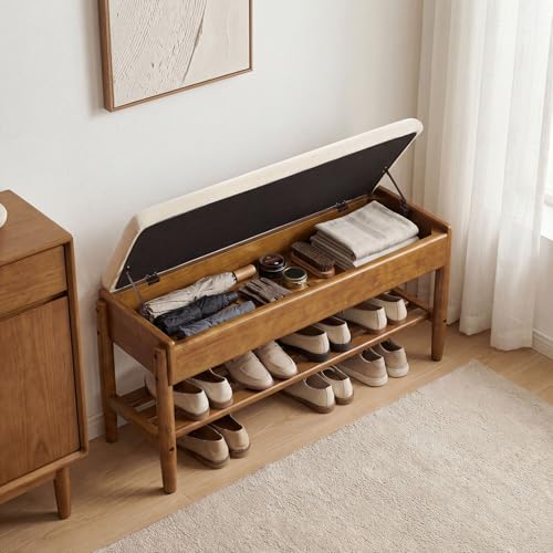 YEPDIN 2 Tier Shoe Rack Bench with Flip-Top Storage,39.3" Solid Wood Shoe Rack Bench with Chenille Cushion,for Entryway, Hallway,Living Room, Bedroom, Closet - color: Light