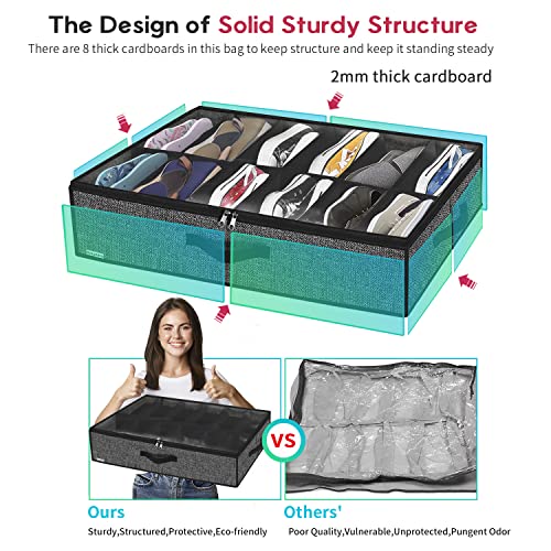 Onlyeasy Sturdy Under Bed Shoe Storage Organizer, Set of 2, Fit 12 to 24 Pairs, Underbed Shoes Closet Storage Solution with Clear Window, Breathable, L29.3 x W23.6 x H5.9, Linen-like Black, MXAUBSB2P - color: 2 Shoes (12+12 Cells) Linen-like Black