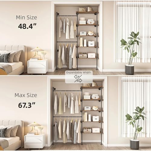 Expandable Industrial Pipe Clothes Rack,Corner Garment Rack | 2 Adjustable Rods& 5 Shelves, Heavy-Duty Iron Pipe Frame, Fits Bedroom & Laundry Room, Expands 48.4"–67.3"