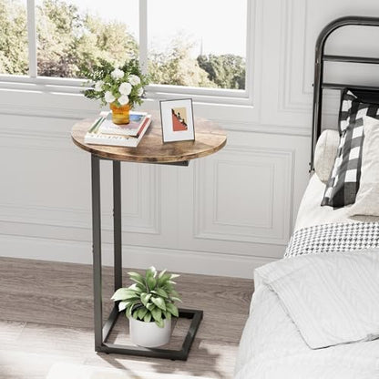 C Shaped End Table,Oval Couch Sofa Side Table for Bed Slide Under Couch, Wood Small Round Snack Table with Metal Frame, TV Tray Table for Small Space, Living Room,Easy Assembly(Brown) - color: Oak Brown+black