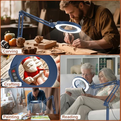 LANCOSC 15X Magnifying Glass with Light and Stand, 3-in-1 Adjustable Swing Floor Lamp, 5 Color Modes Stepless Dimmable, LED Lighted Hands Free Magnifier & Clamp for Reading, Crafts, Painting - Blue - color: Blue
