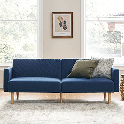 mopio 76.4" Futon Sofa Bed Chevron Styled, Sleeper Couch (Classic Blue Velvet) - color: Classic Blue Velvet