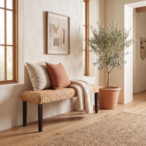 Solid Acacia Wood Entryway Bench with Water Hyacinth Woven Seat, Black Leg | Wicker Bench Indoor for Hallway, End of Bed, Rustic Farmhouse Boho Modern - color: Fishbone - Black Leg & Water Hyacinth
