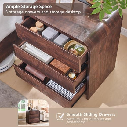 Aitjunz 25" Tall Modern Nightstand with Charging Station, 23.6'' Wide Wood Bedside Table w/3 Storage Drawers, Small Dresser w/Curved Profile Design, End Table for Bedroom, Brown - color: Brown