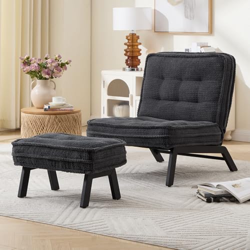 ANJ Armless Accent Chair with Ottoman Adjustable Backrest, Black Living Room Chair Tufted Upholstered Lounge Chair with Footrest Set, Modern Chair Cozy Reclining Chair for Reading Room Bedroom - color: Black, size: 1