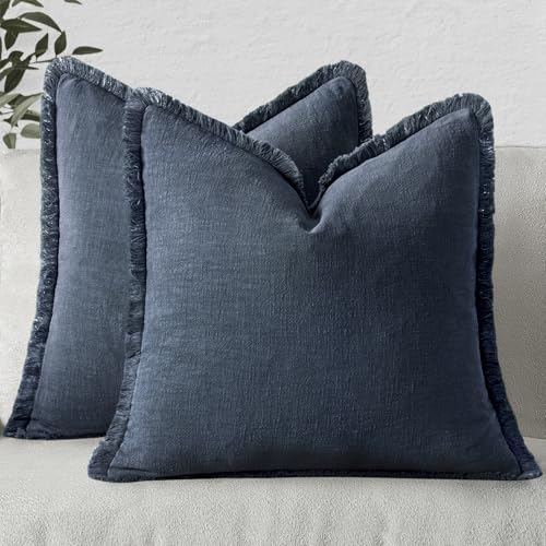 MIULEE Boho Linen Fringe Decorative Throw Pillow Covers Indigo Blue 18x18 | Set of 2, Cottagecore Decor, Boho Farmhouse Coastal Pillow Covers, Rustic Couch Cushion Cases for Sofa Bed Living Room - color: Indigo Blue, size: 18" x 18" (Pack of 2)