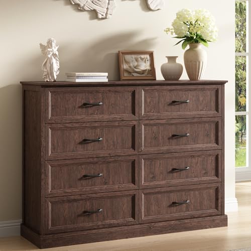 Farmhouse 8 Drawer Dresser for Bedroom, 55" Brown Dresser with TV Stand | Wide Dresser with Large Drawers & Bar Handles, Rustic Wood Chest of Drawers for Living Room, Hallway, Entryway. - color: Brown, size: 16"D x 55"W x 41"H (8 Drawers)