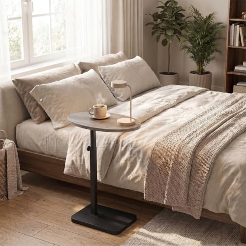HOOBRO C Shaped End Table Adjustable Height, Small Tv Tray Table for Sofa | Small Oval C Shaped Side Table That Slide Under, Coffee Table for Couch, Small Spaces, for Living Room and Bedroom - color: Greige + Black