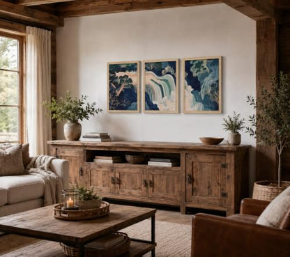 3Pcs Framed Canvas Murals Japanese Modern Landscape Blue Green Mountain And Water Abstract Nature Posters Art Gallery Living Room Office Home Wall 12x16 Inches Ready To Hang - color: Japanese-1, size: 12x16 Inch