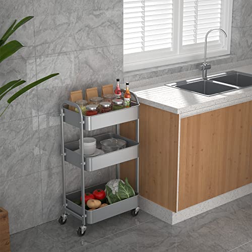 MAX Houser 3-Tier Rolling Utility Cart with Caster Wheels,Easy Assembly, for Kitchen, Bathroom (Silvery-Grey) (Pack of 3) - color: Silvery-grey, size: 3-Tier Standard Cart (Pack of 3)