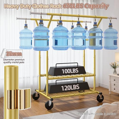 Raybee 74" W Clothes Rack 630 LBS Heavy Duty Double Rods Adjustable Size | 2 Shelves 2 Rods, Industrial Stainless Steel, 360°Lockable Wheels, 15-Min Tool-free Assembly, Bedroom Closet Living Room - color: Gold