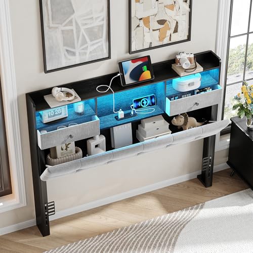 Maupvit Headboard Full Size with Storage, Full Headboard Only with 2 Drawers, Charging Station and LED Lights, Upholstered Headboards Easy Assembly, Black&Grey - color: Black, size: Full
