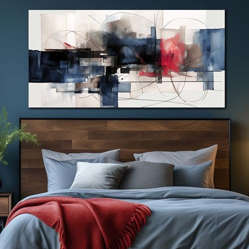 Fuwobriva Abstract Canvas Wall Art for Living Room Bedroom Office Large Wall Art Decor Abstract Wall Art Modern Black Red and Blue Geometry Painting Artwork 29"x58" - size: 29L" x 58W"