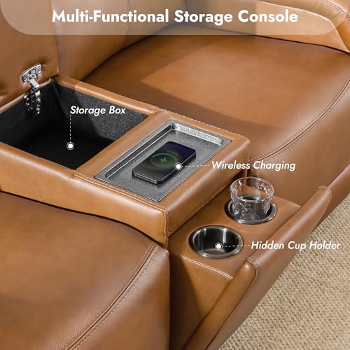 Watson & Whitely Wall Hugger Power Reclining Sofa with Console, Saddle | Genuine Leather Recliner Sofa, Power Headrests, Center Storage Console, Cup Holders, 3-Seater Couch, Living Room & RV - color: Saddle Brown, style: 3 Seater Sofa (with console)