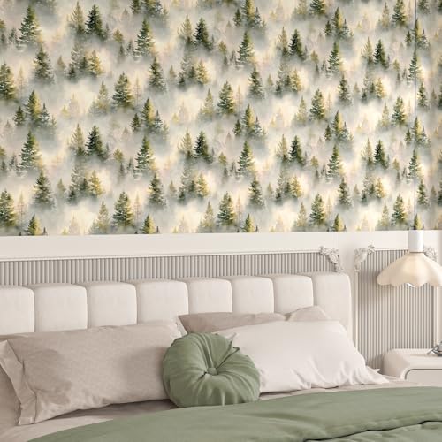 CHIHUT Botanical Nature Peel and Stick Wallpaper Soft Sunset Foggy Pine Tree Forest Wall Mural Wall Décor Removable Waterproof Renter Friendly Woodland Wallpaper for Bedroom Office Bathroom 17.7"x236" - color: Warm Beige/Soft Forest Green/ Misty Grey, siz