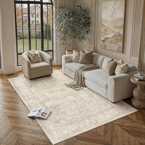 5x8 Beige Area Rug for Living Room Vintage Distressed | Neutral, Washable, Non Slip, Soft Low Pile, Carpet for Bedroom, Dining Room, Office, Indoor Home Decor - color: Beige, size: 5' x 8' (Rectangular)