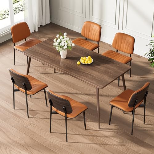 Dining Chairs Set of 2, Mid-Century Modern Upholstered PU Leather Chairs | with Walnut Back and Metal Legs Adjustable Feet for Kitchen Dining Room, Orange Shell Strips - color: Orange Shell Strips