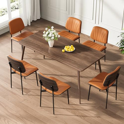 Dining Chairs Set of 2, Mid-Century Modern Upholstered PU Leather Chairs | with Walnut Back and Metal Legs Adjustable Feet for Kitchen Dining Room, Orange Shell Strips - color: Orange Shell Strips