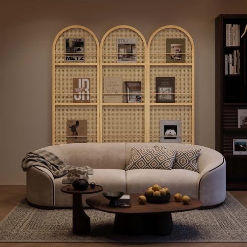 Rattan Room Divider with Built-in Bookshelf | Foldable Privacy Screen & Portable Partition for Home Office, Bedroom, Reading Nook | Wooden Frame, Freestanding Design (Natural-Rattan) - color: Natural-rattan