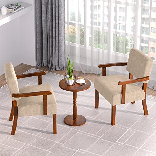 Accent Chairs Set of 2, 2 Solid Wood Armchairs with Side Table | Living Room Chairs with Soft Thicken Cushion, Comfy Reading Chair for Bedroom, Waiting Room, Home Office, Easy Assembly - color: Linen Beige, size: Set of 2 with table