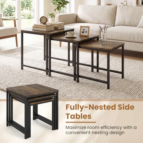 Giantex Nesting Coffee Table Set of 3, Small Center Tables for Living Room | Modern Coffee Table with Metal Frame, Space-Saving Stacking End Table for Small Space - color: Rustic Brown